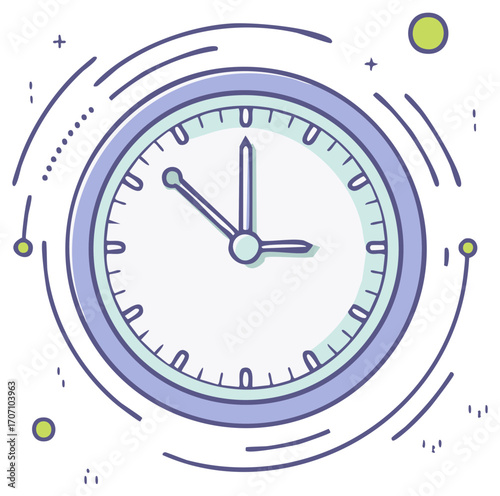 Simple illustration of a round clock with stylized hands and abstract circular motion elements