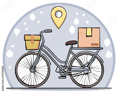 Cartoon Bicycle Courier Illustration Delivering Boxed Packages for Online Shopping