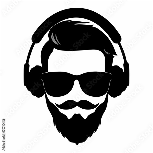 Monochrome vector illustration of a bearded man's head wearing cool sunglasses and headphones. A stylish hipster avatar for music, gaming, or podcasting concepts