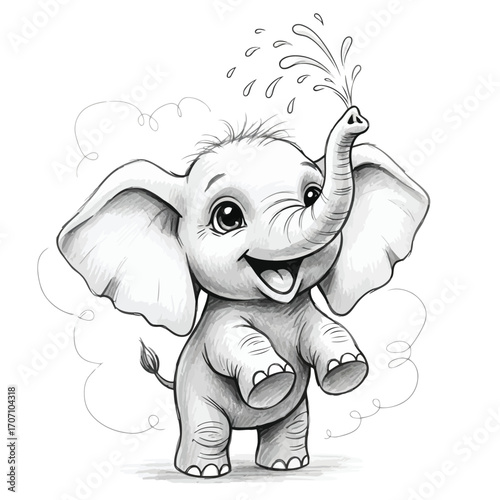 Illustration of cute cartoon elephant spraying water with its trunk
