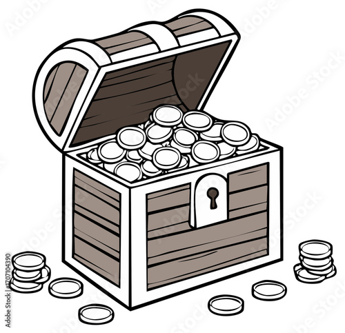 Cartoon treasure chest overflowing with gold coins, open to reveal riches