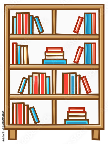 Illustration of a Brown Bookshelf with Books and Stacks of Books