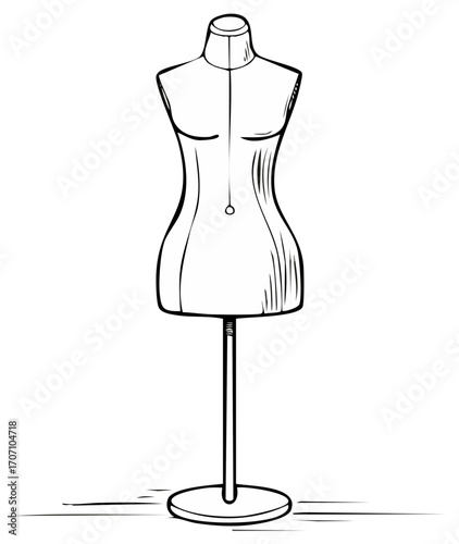 Artistic black and white sketch of a headless female mannequin on a stand showcasing sewing and fashion design