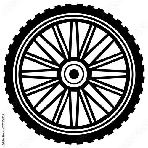 Black and White Bicycle Wheel with Spokes, Vector Illustration, Isolated