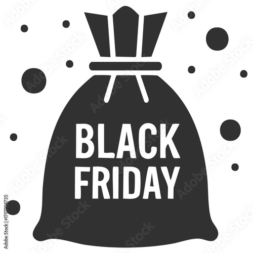 Black Friday sale promotion graphic with money bag and dots showing discounts and deals