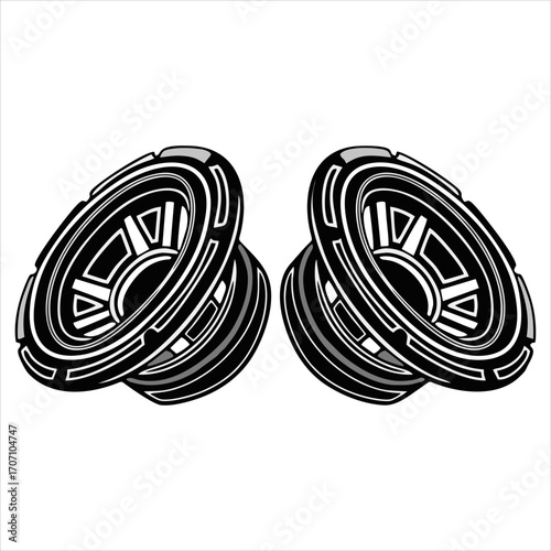 Stylized vector illustration of two car audio subwoofers, a bold monochrome graphic representing powerful bass and sound system culture