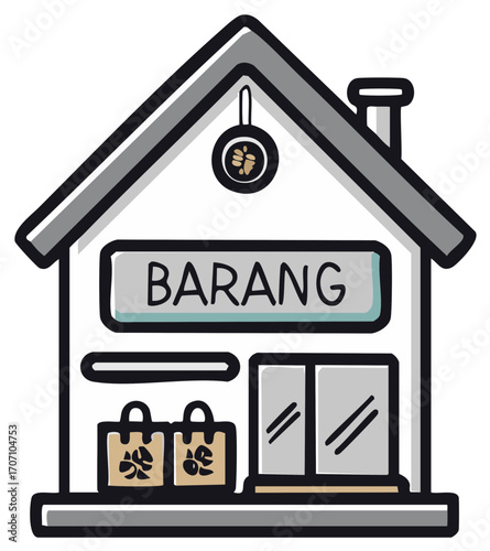 Illustrated charming cartoon shop building with BARANG sign and shopping bags