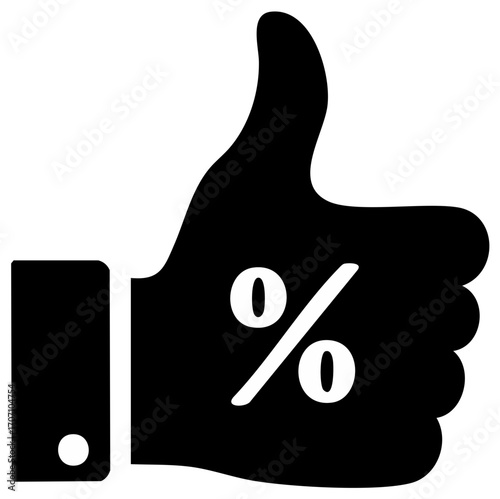 Black silhouette of a thumb up gesture with a percentage symbol inside