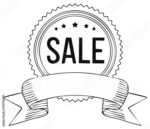 Hand-drawn black and white sale badge with ribbon and stars for promotional use