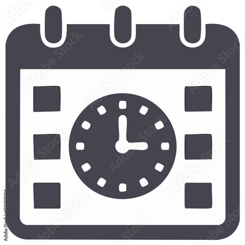 Calendar with clock face showing time and schedule squares representing appointments