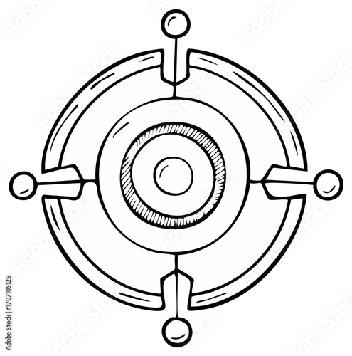 Circular Target Aim Symbol with Central Concentric Rings and Four Outer Points