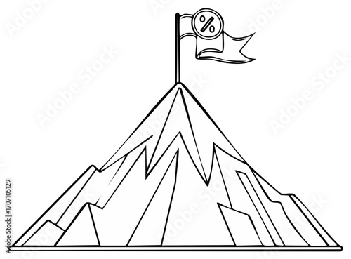 Mountain peak with flag showing percentage symbol, business goal concept illustration