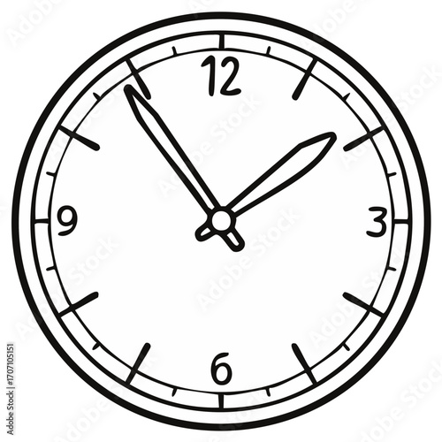 Simple analog clock drawing showing the time with hour and minute hands on white background, timepiece with numbers