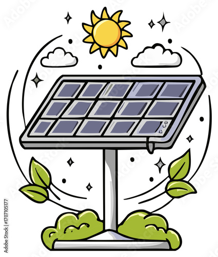 Green energy concept with cartoon solar panel under the sun vector illustration