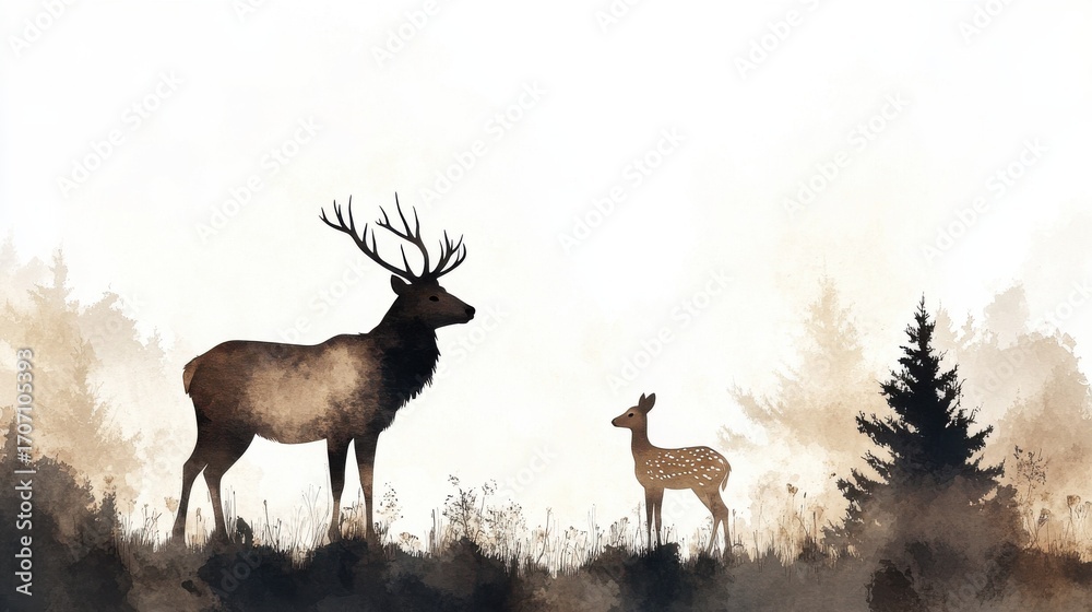 Obraz premium Large elk and fawn standing peacefully in forest during daytime