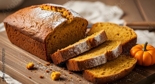 Freshly baked loaf of pumpkin bread sliced on wooden cutting board.