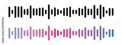 Podcast sound wave patterns with gradient waveform for audio broadcasting and streaming. Vibrant frequency bars from yellow through pink to purple display rhythm dynamics for media players in eps 10.