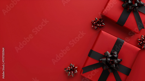 Christmas gift box with red ribbon holiday decoration and golden bow
