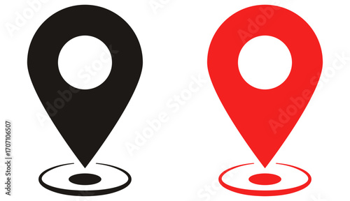 location icon, map pin icons in outline, black, and red styles. for maps, GPS, navigation apps, location markers, address indications, and geolocation interfaces