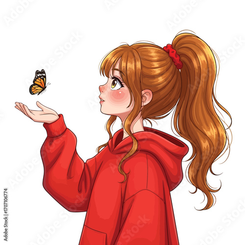Illustration of girl in red hoodie looking at a butterfly on her hand