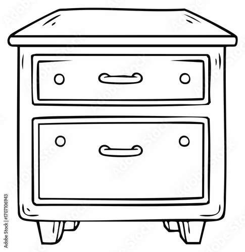 Simple black and white illustration of a two-drawer bedside cabinet with rounded handles