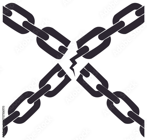 Symbol of freedom with broken chain links on white background