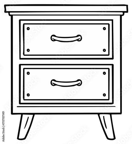 Simple cartoon illustration of a two drawer cabinet with curved handles and tapered legs