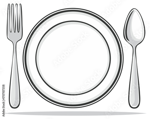 Illustration of an Empty Plate with Spoon and Fork for Dining or Serving Food