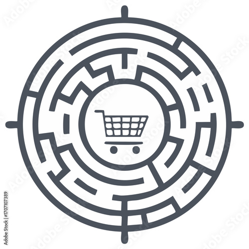 Shopping cart in maze design conceptual illustration for consumerism challenges