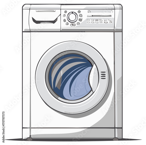 White washing machine illustration with blue and grey details, front view, home appliance
