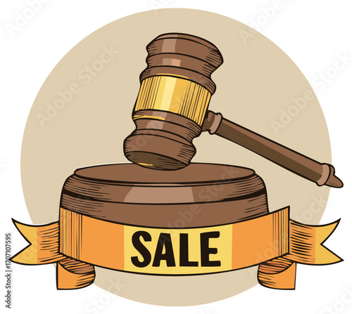 Auction gavel and sale banner symbol concept illustration for business advertising marketing