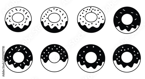 Set of eight donuts with different levels of icing in black and white
