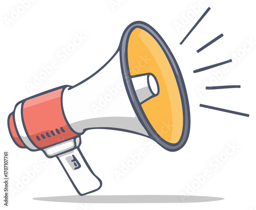 Illustration of a megaphone projecting sound waves, symbolizing announcement and communication.