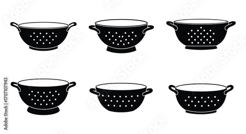 Collection of Black and White Colander Illustrations for Culinary or Kitchen Themes