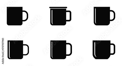 Variety of Black Mug Silhouettes on White Background for Coffee Tea or Beverages