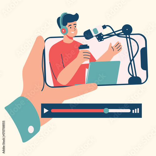 Illustration of an Video and Podcast  listening to a podcast on a smartphone