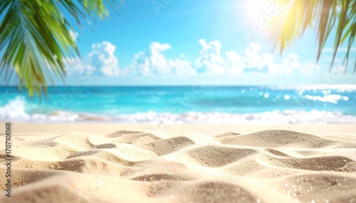 Beach vista featuring golden sand, turquoise water, palm fronds, and sunlight, evoking summer vibes and relaxation on a sunny day
