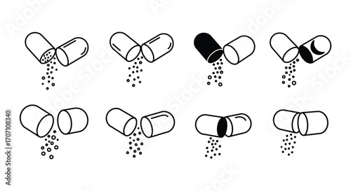 Pills and Capsules with Powder Flowing Out in Black and White Style