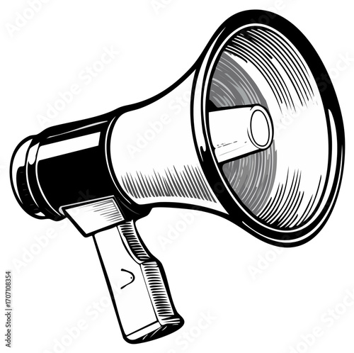 Retro megaphone amplifying sound with vintage illustration style and bold lines