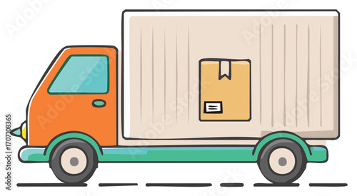 Colorful cartoon delivery truck with box logo, transportation and shipping concept.