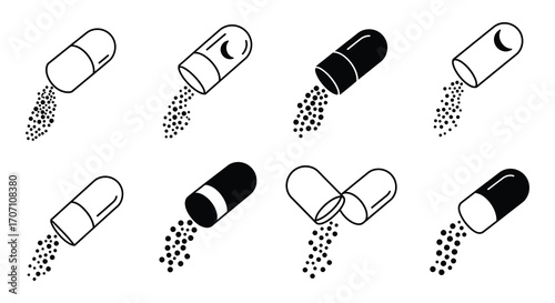 Pills and Capsules with Medicine Powder Pouring Out in Black and White