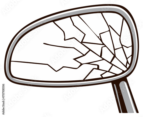 Broken side-view mirror in grayscale, damaged car part with cracks and shards