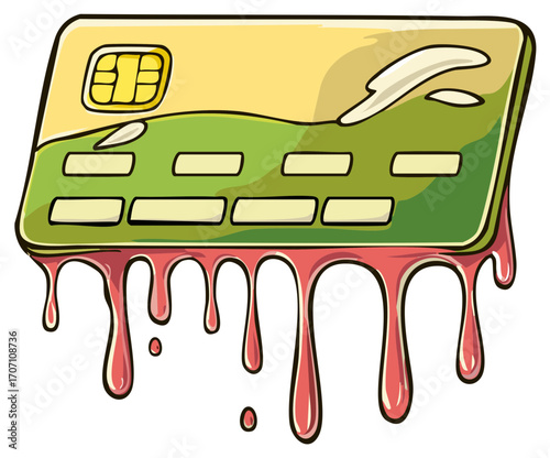 Melting credit card dripping red liquid representing financial crisis debt and spending problems