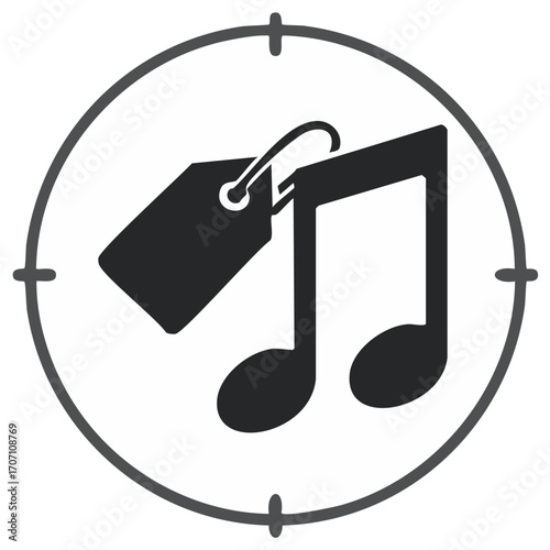 Music prices concept: musical notes with price tag in a targeted circle, symbolizing cost of music.
