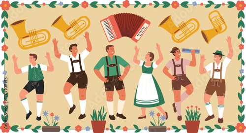 Oktoberfest vector illustration of people dancing in traditional Bavarian clothing with brass instruments and accordion, celebrating German cultural festival.