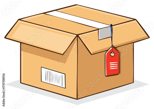 Cardboard box with label, barcode, and red price tag, shipping and delivery concept