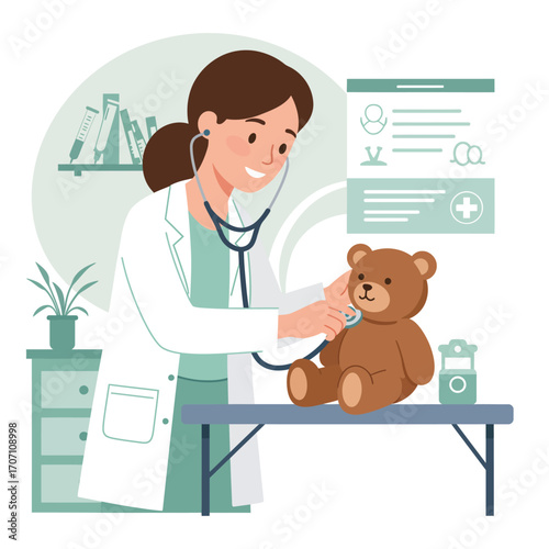 A friendly female doctor provides a gentle check-up to a teddy bear, illustrating pediatric care and a comforting medical experience for young patients.