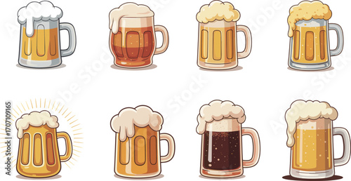 Set of eight cartoon beer mugs with frothy foam, different beer colors, refreshing drinks, festive, party, celebration, Oktoberfest style.