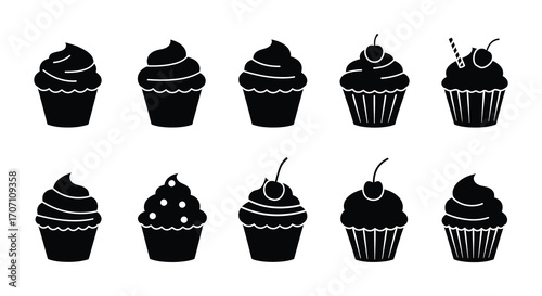 Ten Simple Black Silhouettes of Delicious Cupcakes