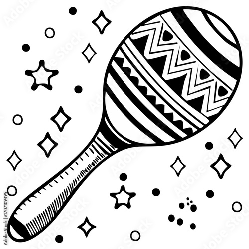 Festive maraca with stars and circles hand drawn in black and white for print or coloring
